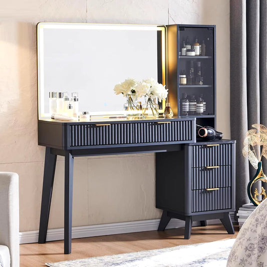 48" Modern Fluted Makeup Vanity Desk with Large 36" Mirror & Lights, with 5 Drawers & Adjustable Shelves, Oak 2025 NEW-0