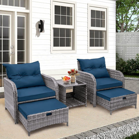 5 Pieces Wicker Outdoor Patio Chairs Set with Ottoman, All Weather PE Rattan Patio Conversation Furniture Set Outdoor Furniture Set with Hidden Ottoman for Poolside Garden Balcony, Blue-0
