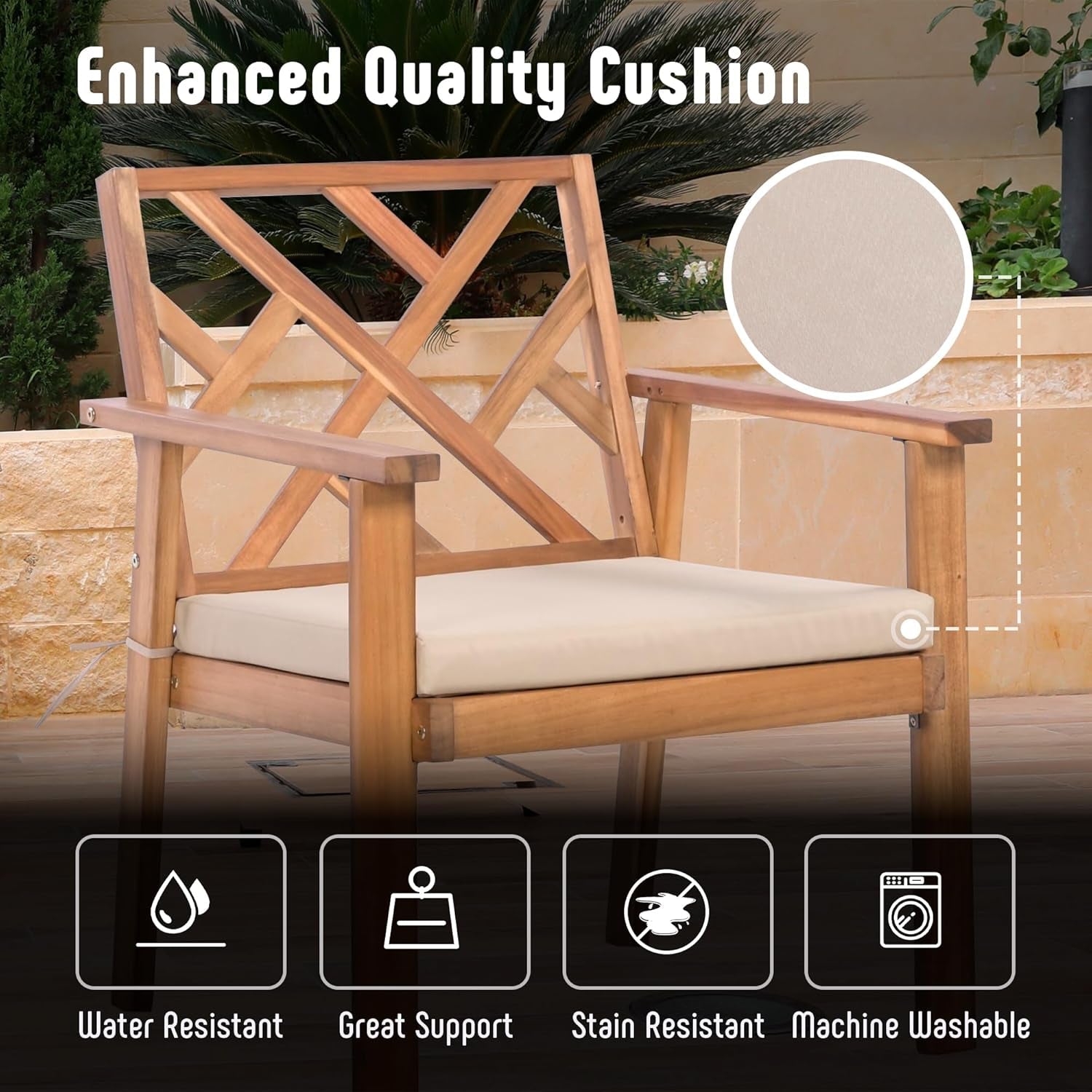 3 Piece Outdoor Patio Furniture Set, Wooden Conversation Patio Set with Padded Cushion Chairs and Coffee Table, Acacia Wood Lounge Conversation Set for Porch Balcony Deck Backyard-1