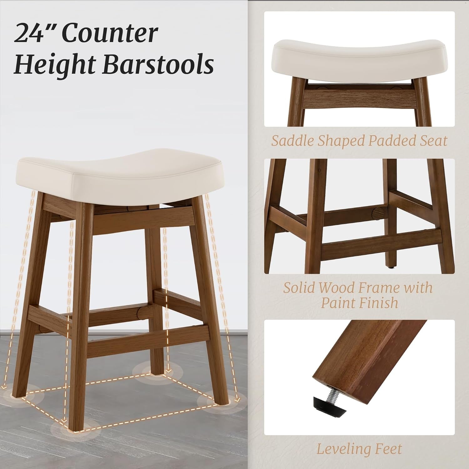 Bar Stools Set of 2, Barstools with Sturdy Wood Legs, Saddle Seat Counter Height Bar Stools for Kitchen Counter, Bar, Dining, 24 Inch Farmhouse Counter Stools, Antique White Leather-4