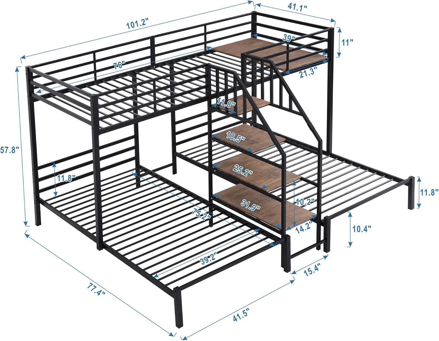 Twin over Twin & Twin Metal Bunk Bed, Triple Bunk Bed Frame with Storage Shelves Staircase, Black-1