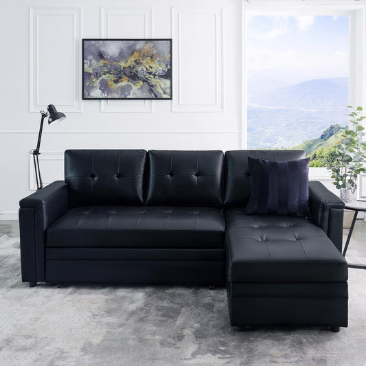 L-Shaped Sectional Sleeper Sofa with USB Ports - Convertible Pull-Out Bed, Ample Storage, Timeless Design, Durable Construction, Black/Air Leather-0