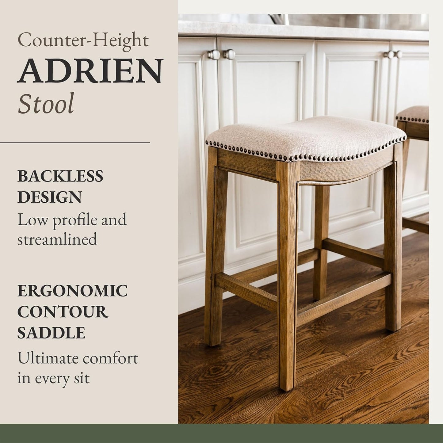 Adrien 26 Inch Counter Height Upholstered Backless Saddle Barstool in Natural Wood Finish with Wheat Cream Fabric Cushion Seat, Set of 4-3