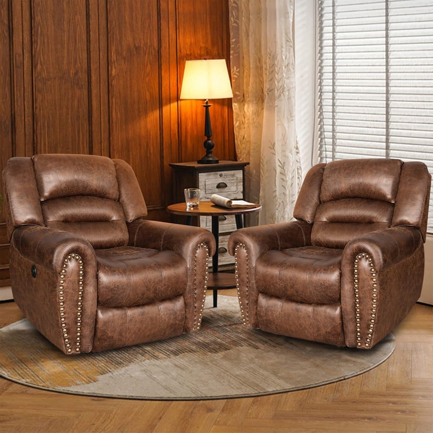 Electric Power Recliner Set of 2, Breathable Bonded Leather Reclining Chair Classic Home Theater Recliners Seating W/USB Port, Electric Recliner Chairs for Living Room (Nut Brown)-0