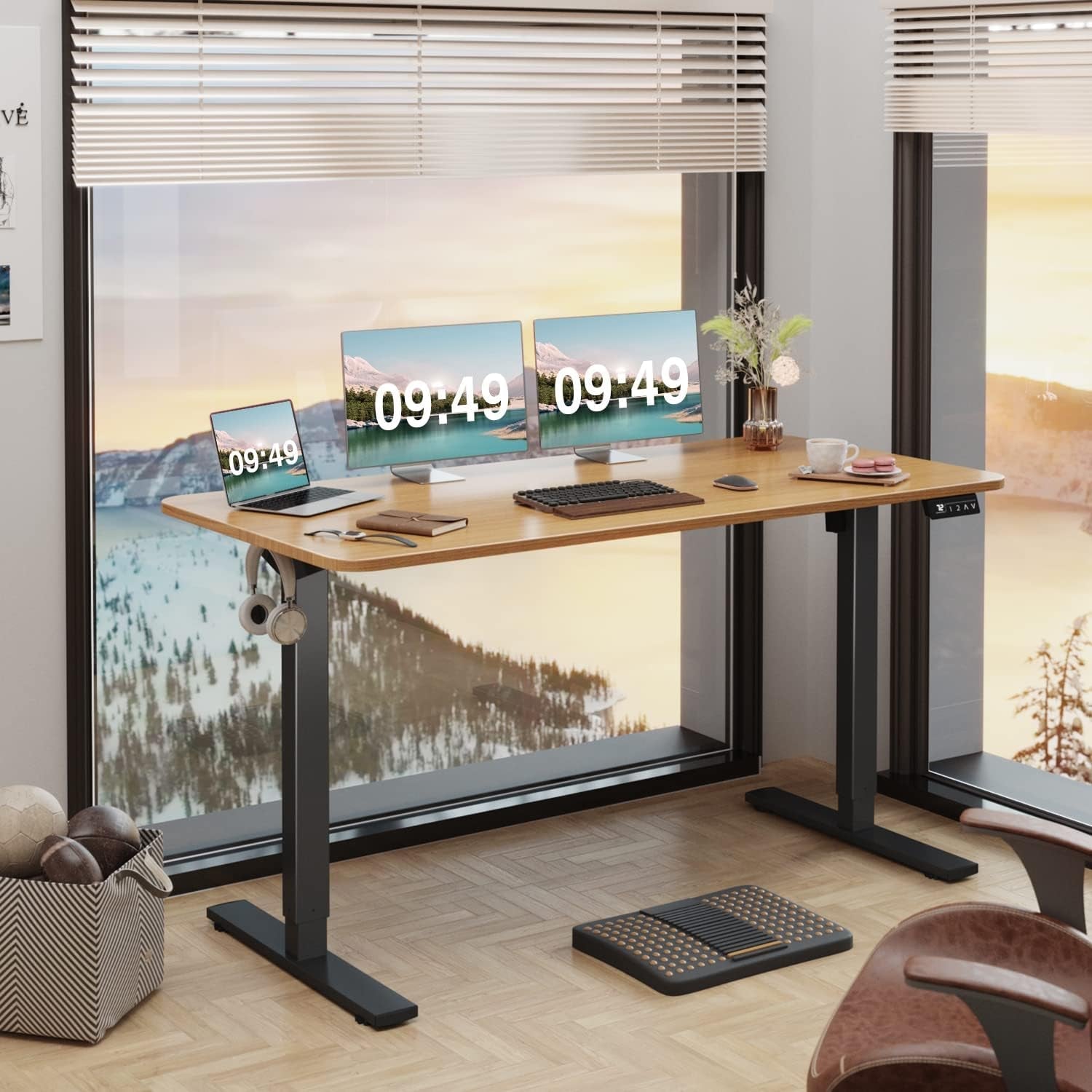 Electric Height Adjustable Standing Desk Large 55 X 24 Inches Sit Stand up Desk Home Office Computer Desk Memory Preset with T-Shaped Metal Bracket, Maple-1