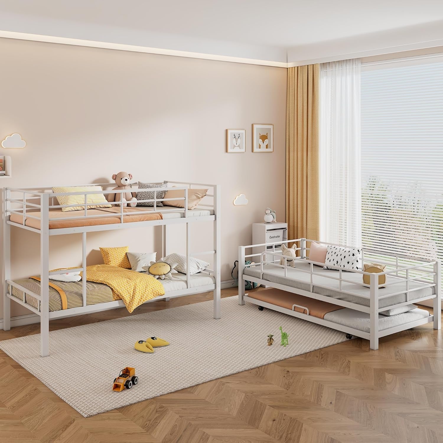 Metal Triple Bunk Bed Twin over Twin over Twin, Triple Bunk Bed with Trundle, 3-Tier Bunk Bed with 2 Ladders and Guardrails, Triple Bunk Beds for Kids(White Twin)-3