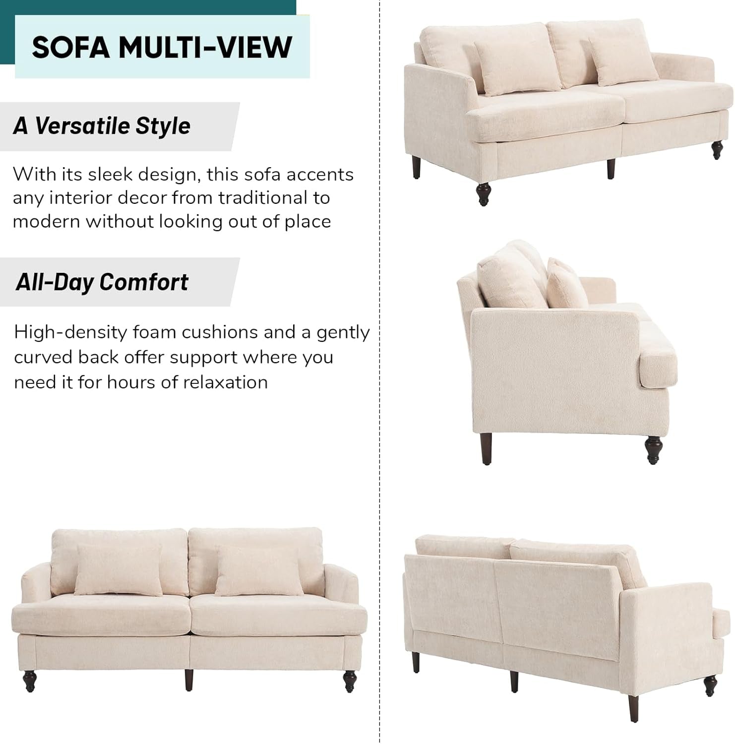 2 Pieces Living Room Furniture Sets, Loveseat Couch and Accent Chair, Mid-Century Modern Sofa Set for Living Room, Apartment, Office, Bedroom (Beige, Chenille)-3