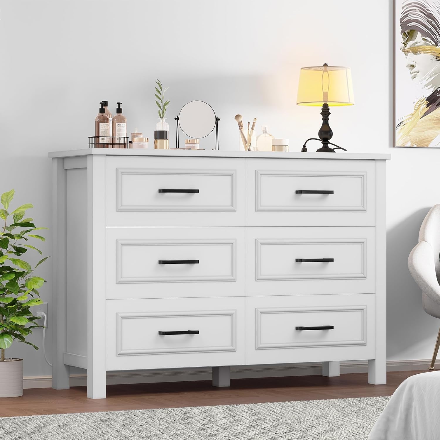 6-Drawer Dresser with Built-In Power Outlet, Wood Dresser TV Stand with 6 Large Drawers and Bar Handles, White Dresser Chest of Drawers for Living Room, Hallway, Entryway-3