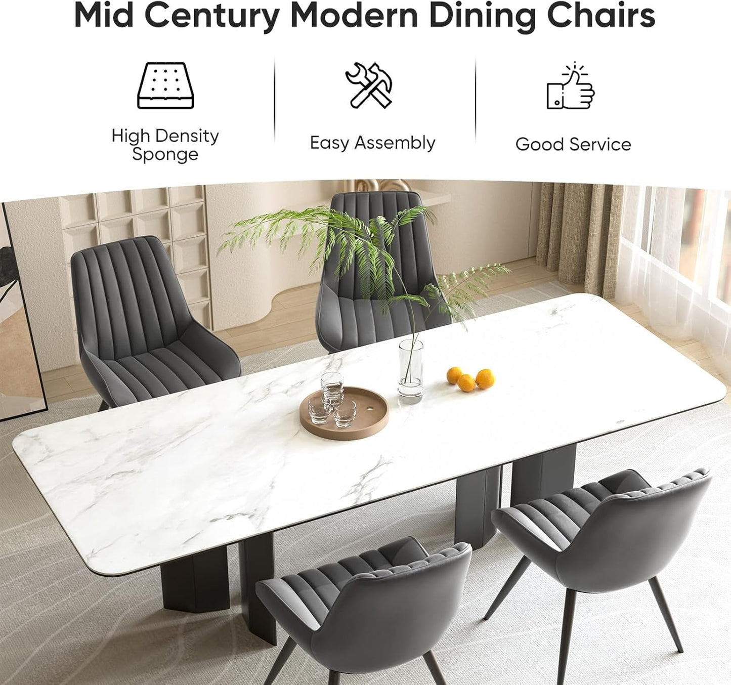 Modern Dining Chairs Set of 4, Comfy Dining Room Chairs with Thick Cushions, Upholstered Fabric Kitchen Side Chairs with Metal Legs, Dark Grey-3