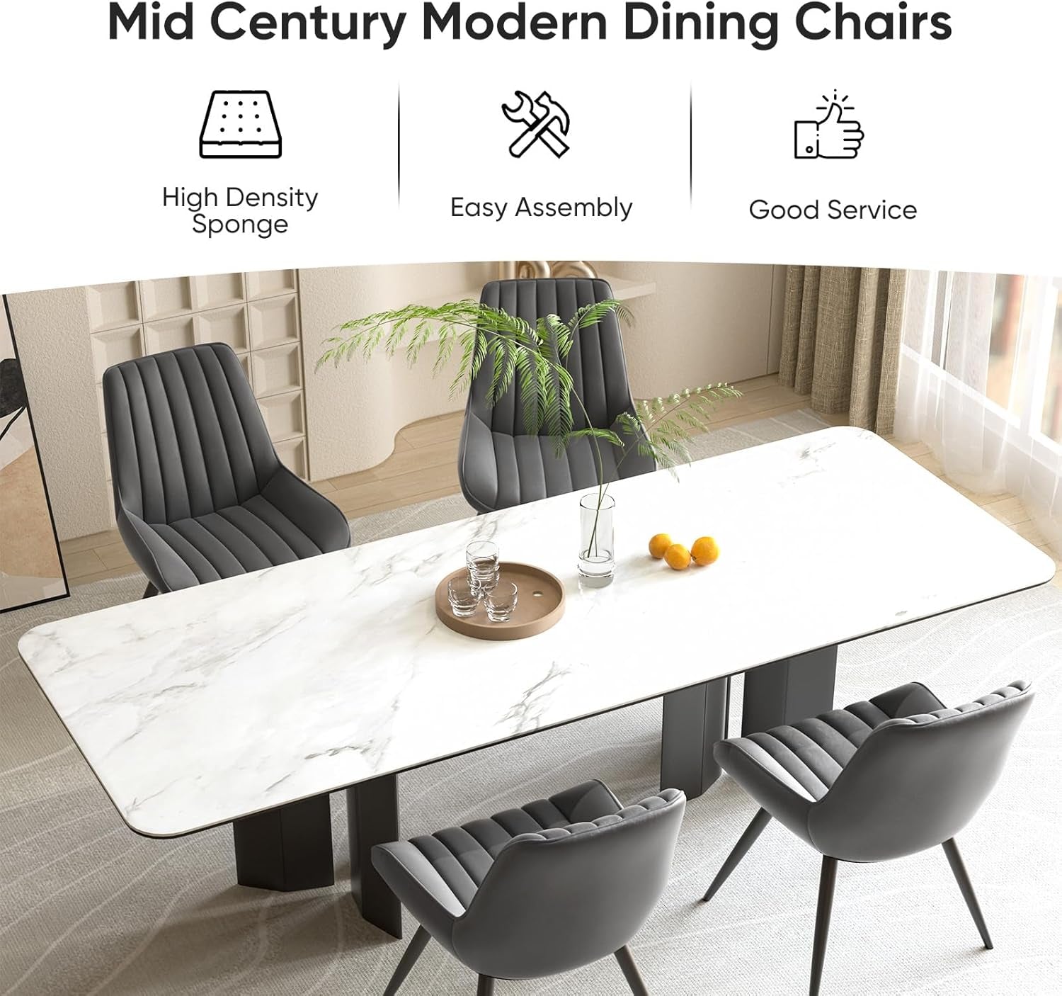 Modern Dining Chairs Set of 4, Comfy Dining Room Chairs with Thick Cushions, Upholstered Fabric Kitchen Side Chairs with Metal Legs, Dark Grey-3