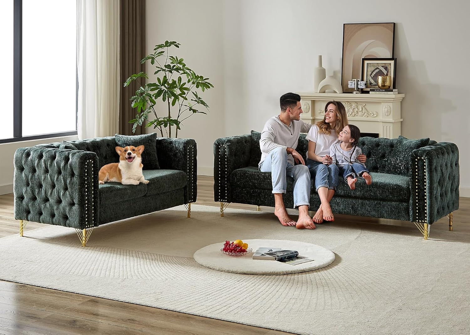 2 Pieces Chenille Living Room Furniture Sofa Couch Set,Button Tufted Comfy Couch with Nailhead Trim&Metal Legs,Mid Century Modern Couch and Loveseat Sets for Living Room(Loveseat+3 Seater Sofa,Green)-4