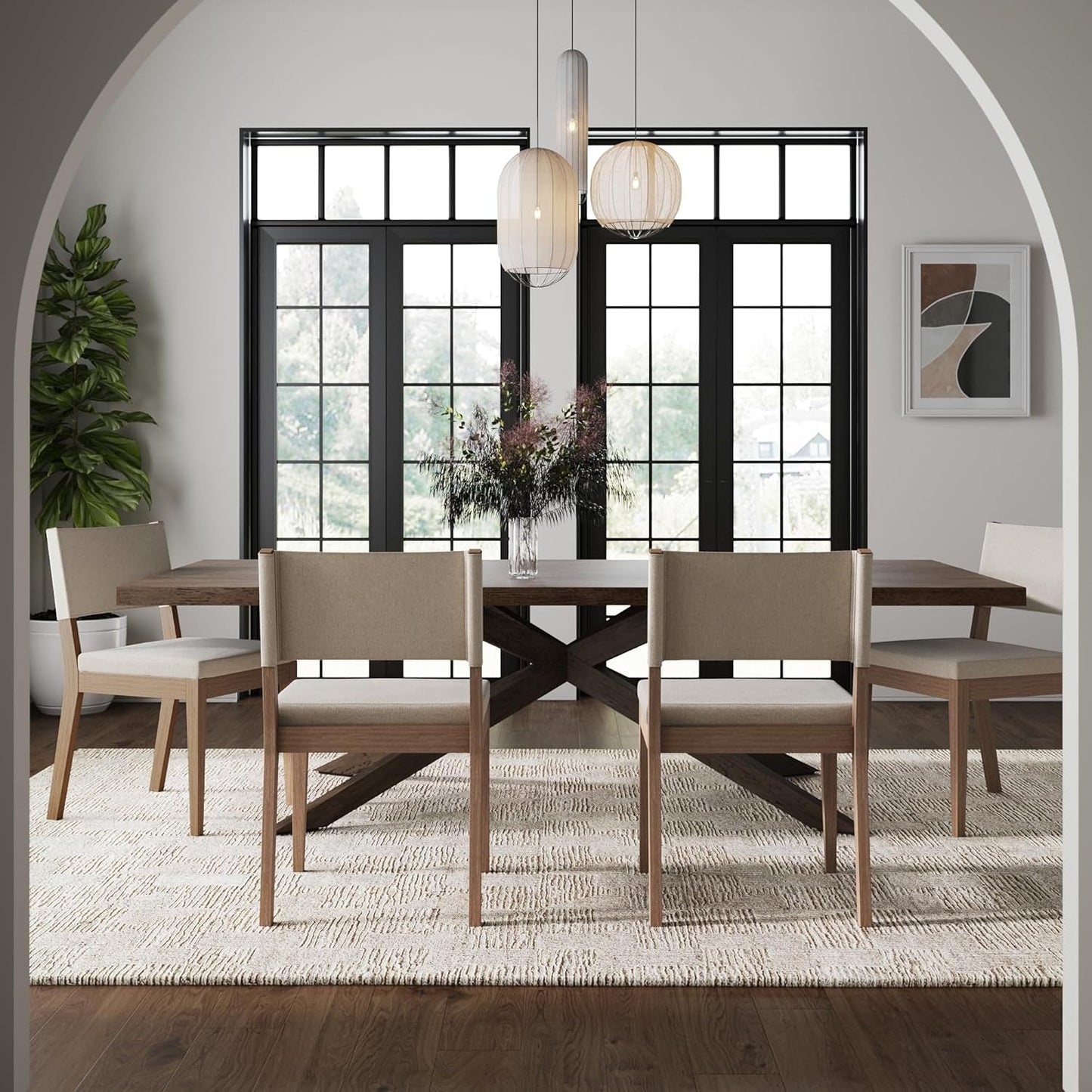 Linus Modern Upholstered Dining Chair with Solid Rubberwood Legs in a Wire-Brushed Light Brown Finish, Natural Flax/Brown-2