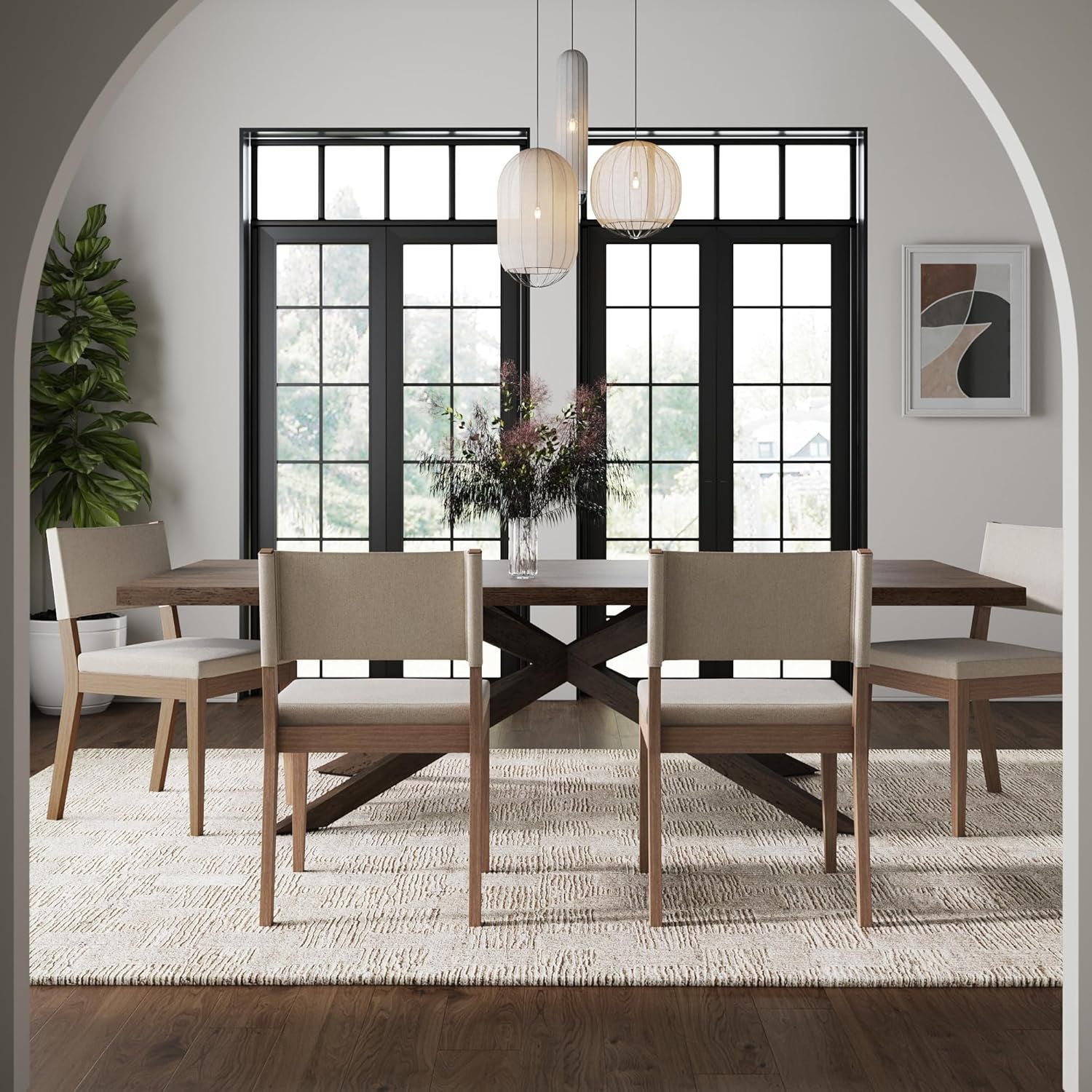 Linus Modern Upholstered Dining Chair with Solid Rubberwood Legs in a Wire-Brushed Light Brown Finish, Natural Flax/Brown-2