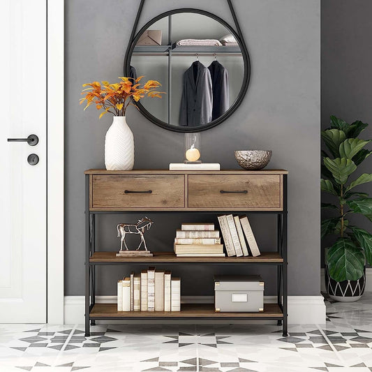 Rustic Brown Industrial Console Table with Storage Shelves-0