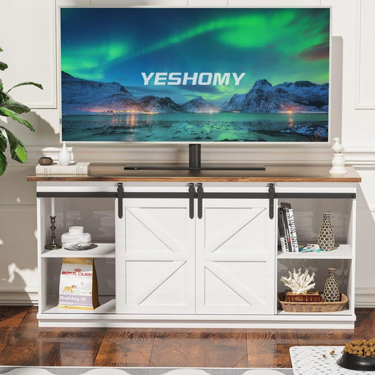 White Farmhouse TV Stand with Sliding Barn Doors-0