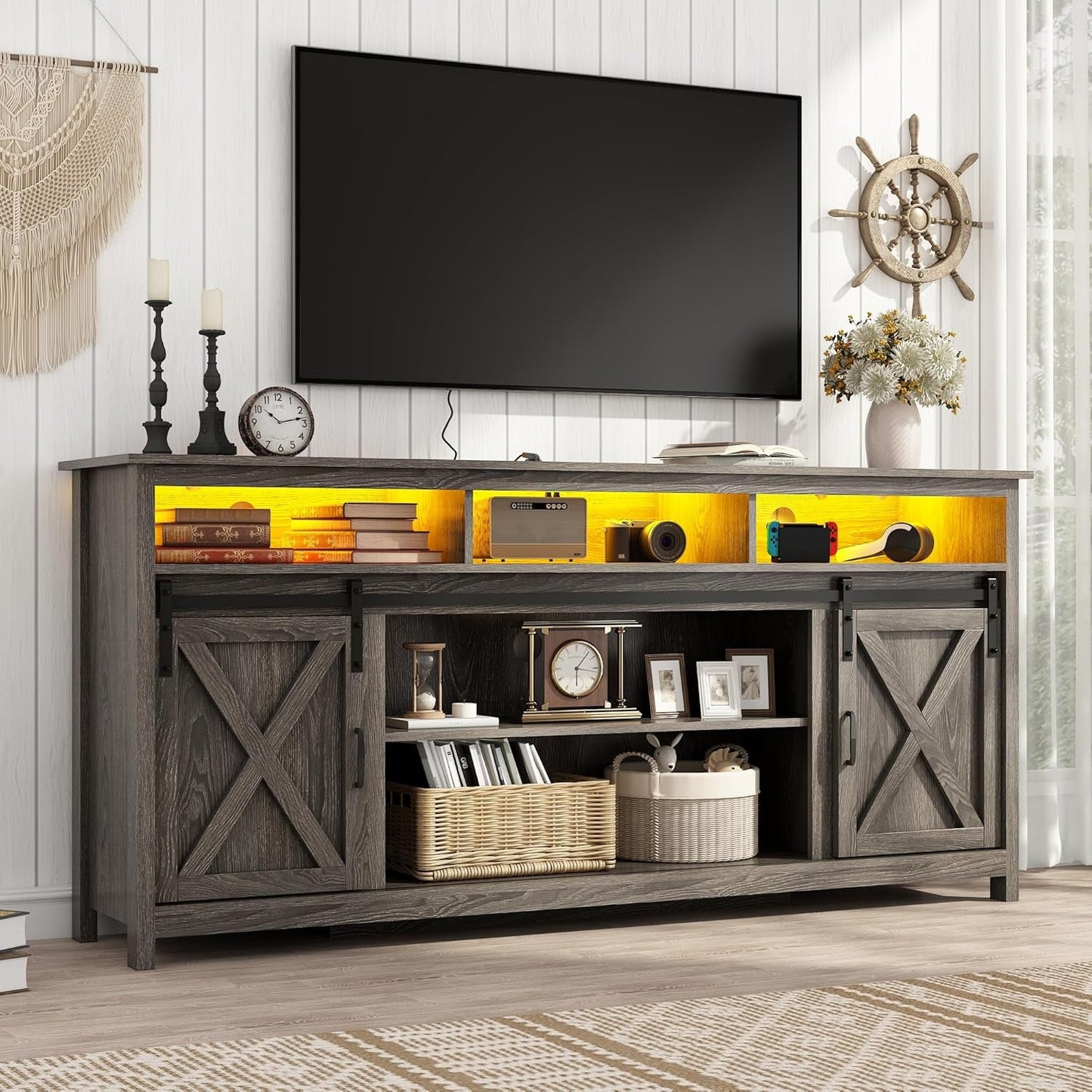 70In Wooden Farmhouse Entertainment Center for 80/75 Inch Tv,Double Layer Storage Farmhouse TV Stand,Double-Row Sockets with Wood Sliding Barn Door TV Stand(Double Layer Grey Wash)-0