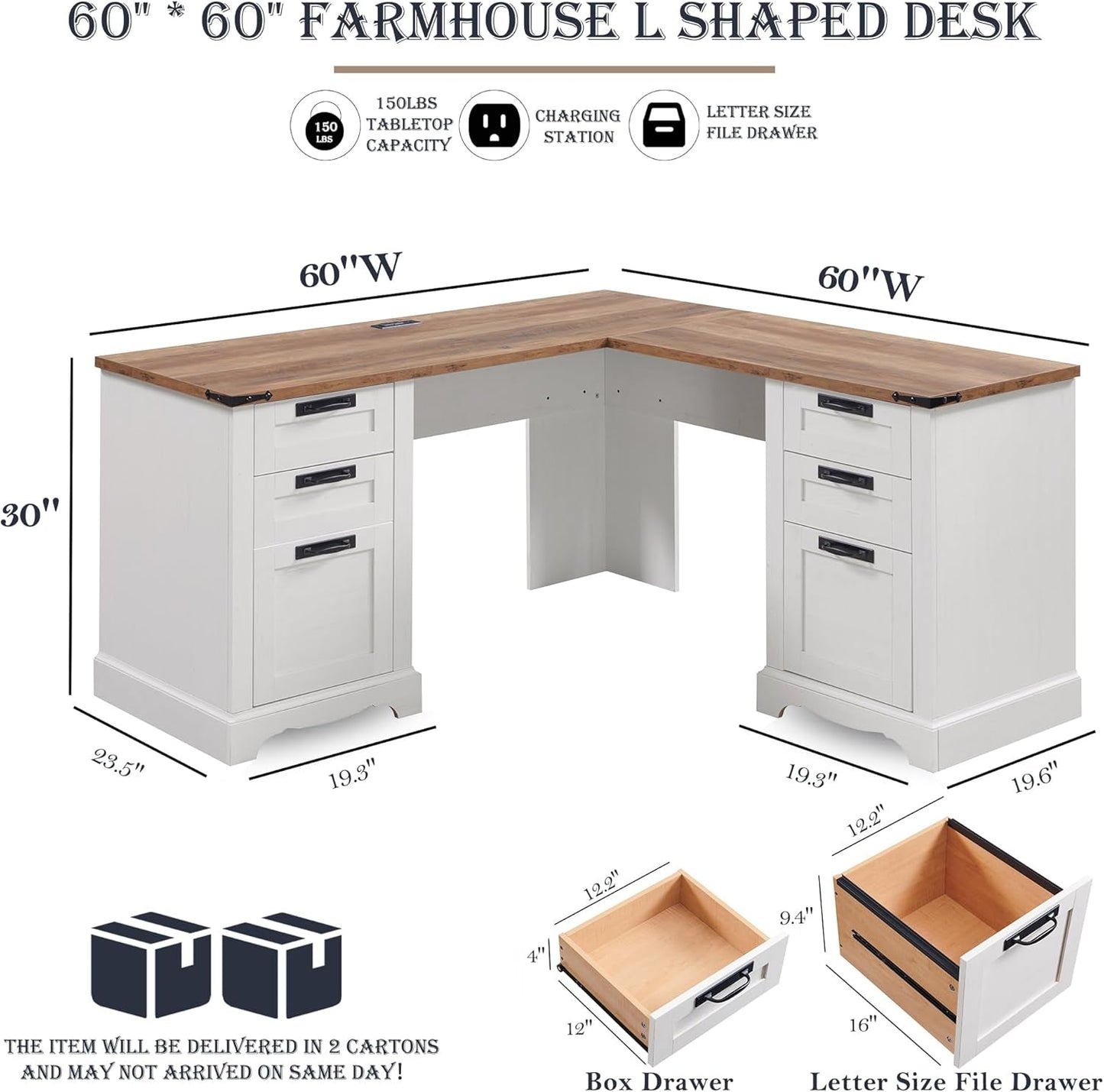 60" Farmhouse L Shaped Executive Desk with Drawers, Wood Home Office Corner Desk with Charging Station, File Drawer, Storage Cabinet, Rustic Computer Writing Desk (Antique White)-1