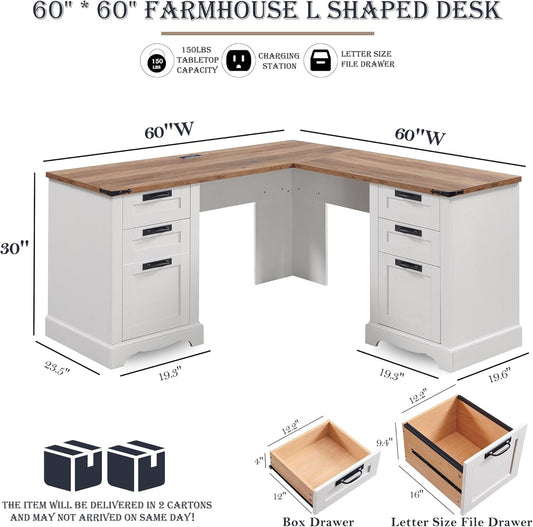 60" Farmhouse L Shaped Executive Desk with Drawers, Wood Home Office Corner Desk with Charging Station, File Drawer, Storage Cabinet, Rustic Computer Writing Desk (Antique White)-1