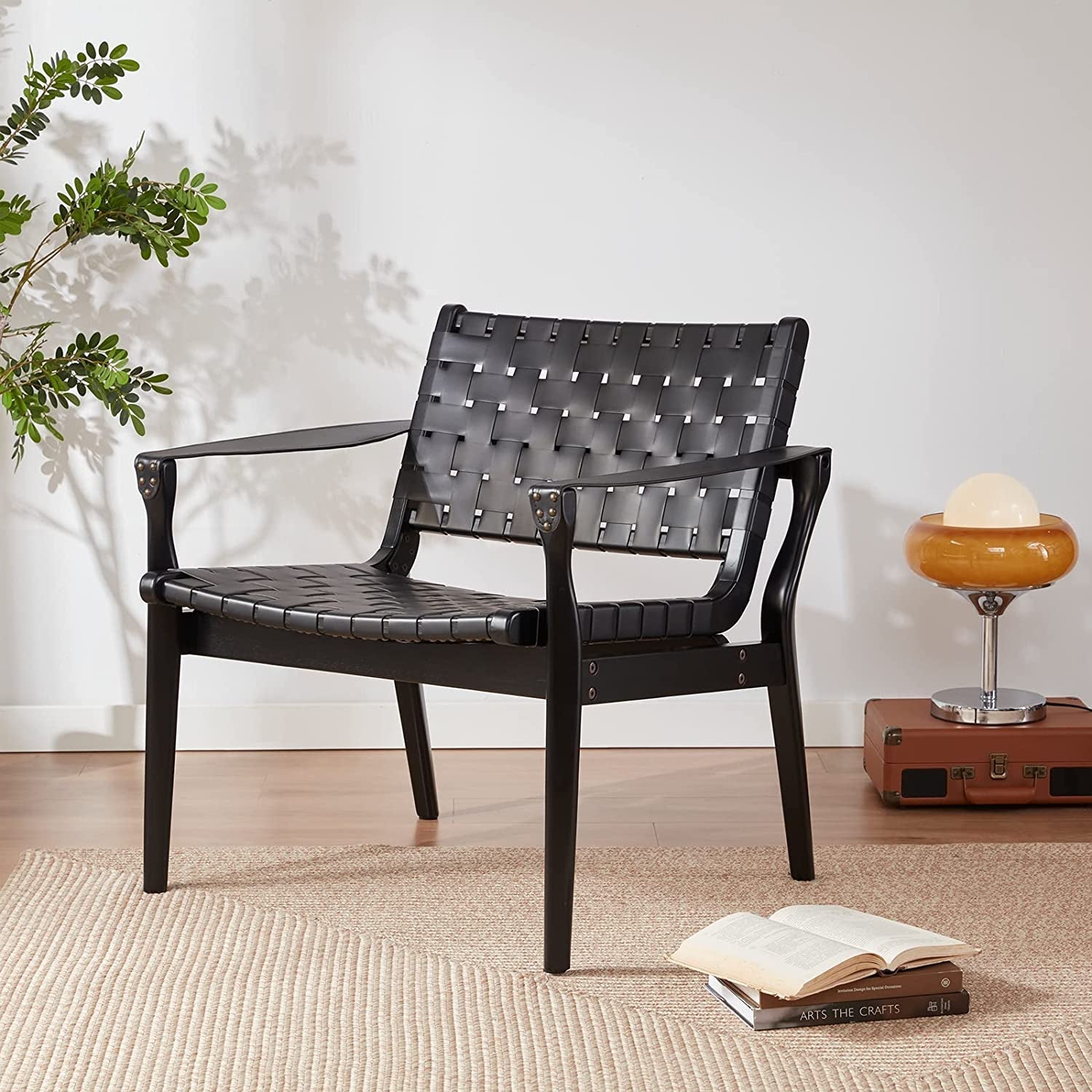 Scandinavian Woven Leather Chair with Boho Accent-1