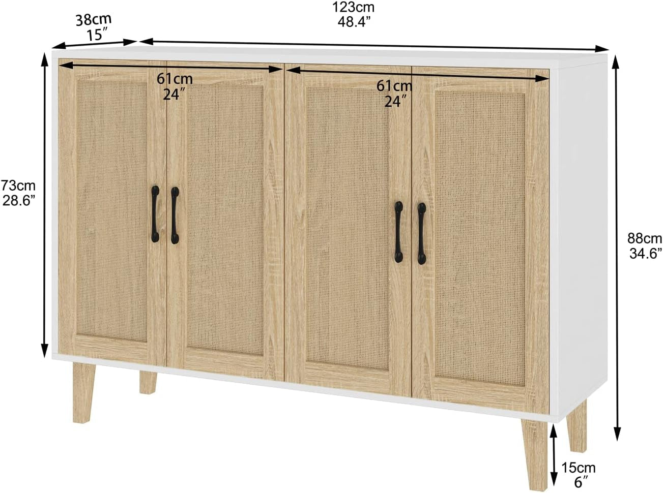 Buffet Storage Cabinet with Rattan Decorating 4 Doors Living Room Kitchen Sideboard 48.43 X 34.65 X 15 Inch (White)-2