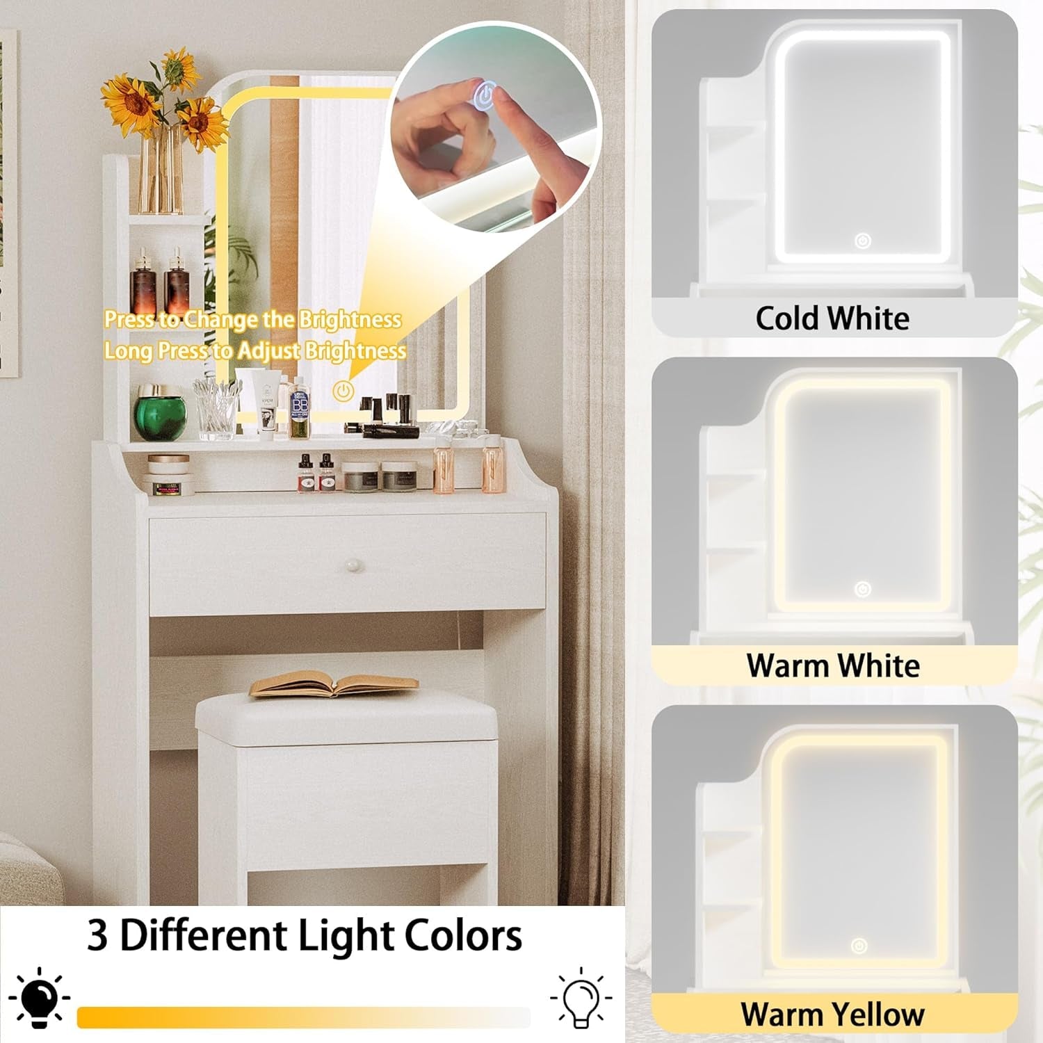 White Small Vanity Set Mirror, Lights, Storage, Chair-3