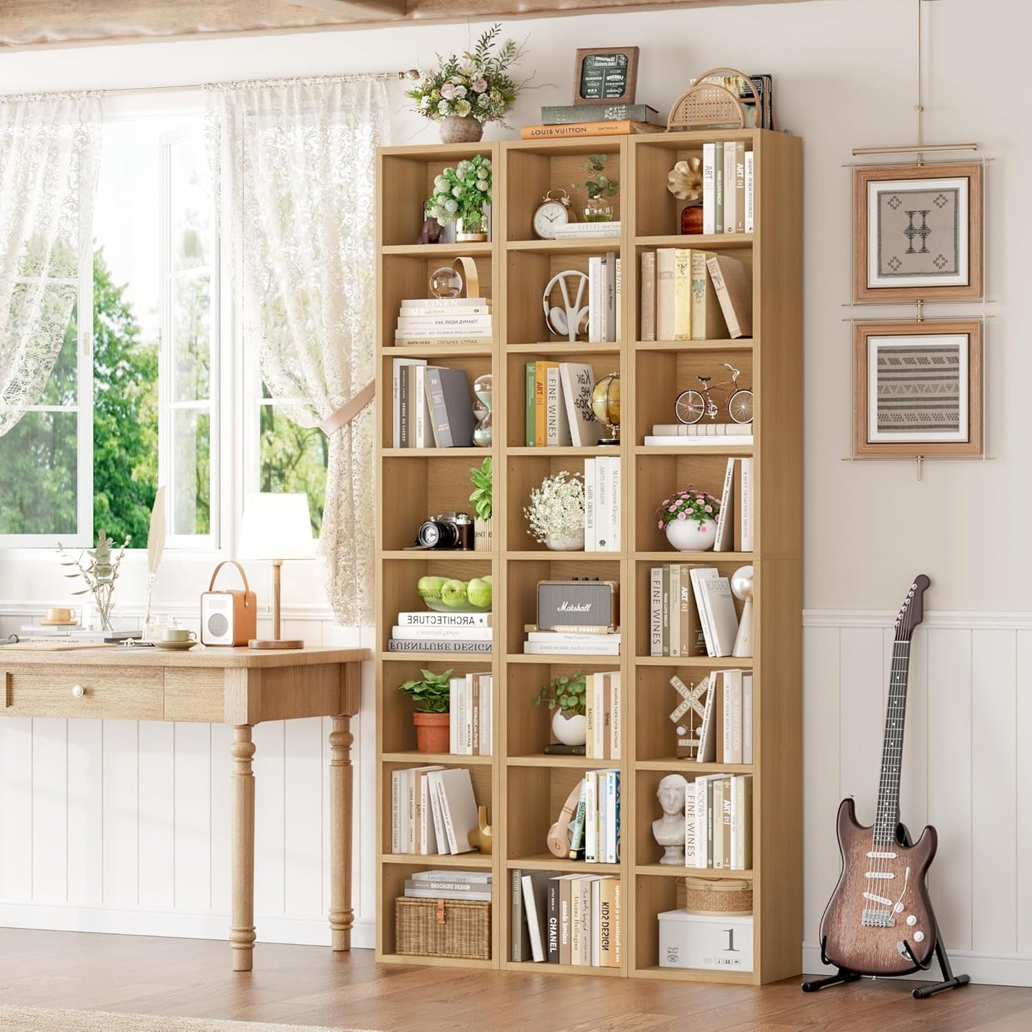 8-Tier Media Tower Rack, 11.6 X 9.3 X 71 Inches CD DVD Slim Storage Cabinet with Adjustable Shelves, Tall Narrow Bookcase Display Bookshelf for Home Office, Natural-3