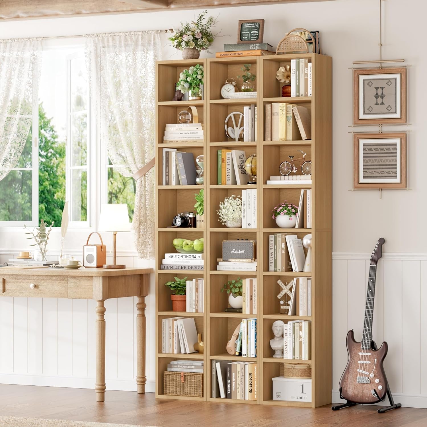 8-Tier Media Tower Rack, 11.6 X 9.3 X 71 Inches CD DVD Slim Storage Cabinet with Adjustable Shelves, Tall Narrow Bookcase Display Bookshelf for Home Office, Natural-3