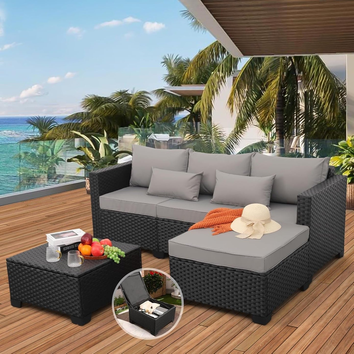 3 Pieces Patio Furniture Set Outdoor Sectional Wicker Patio Furniture Patio Couch with Ottoman and Outdoor Storage Table All-Weather Anti-Slip Cushions Waterproof Covers, Light Grey-0