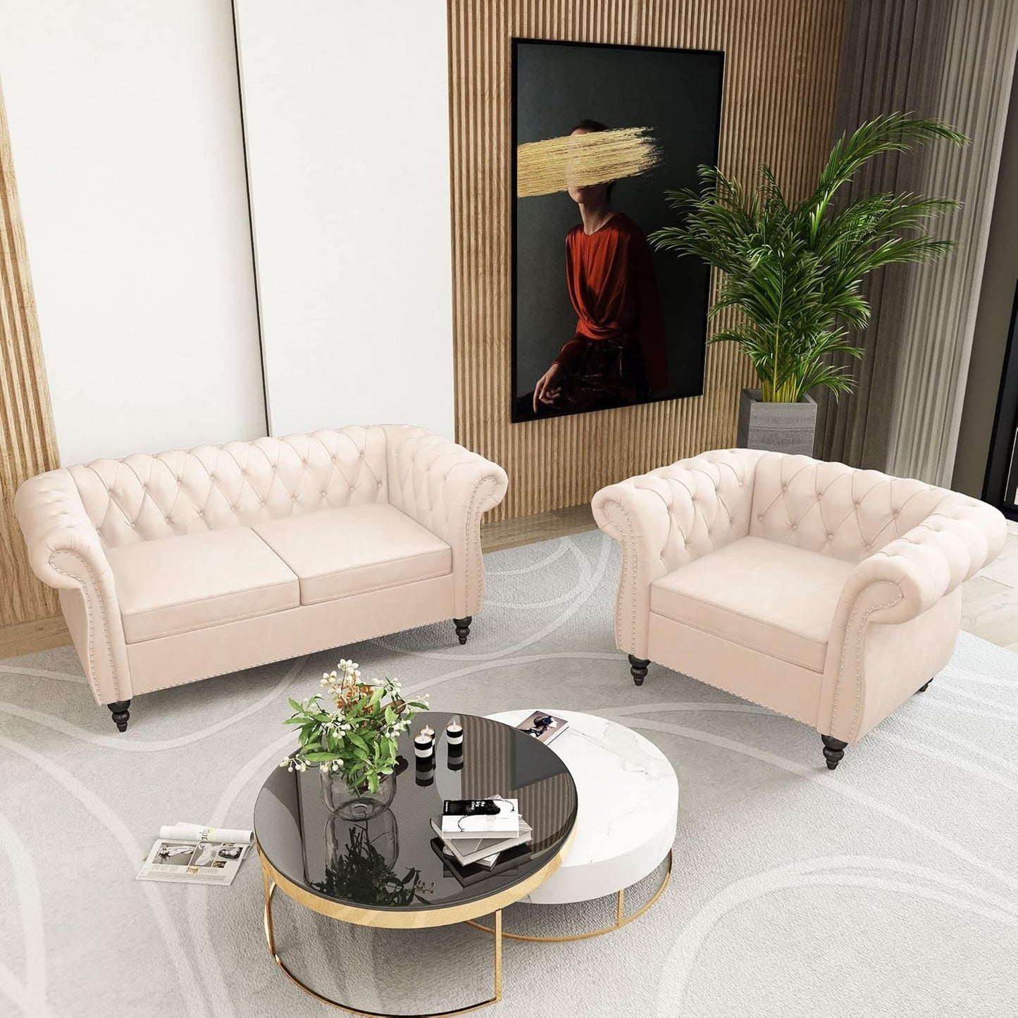 2 Piece Living Room Set, Chesterfield Velvet Sofa Loveseat Couch Chair with Scroll Arms and Nailhead for Living Room, Office (Beige, 1-2)-2