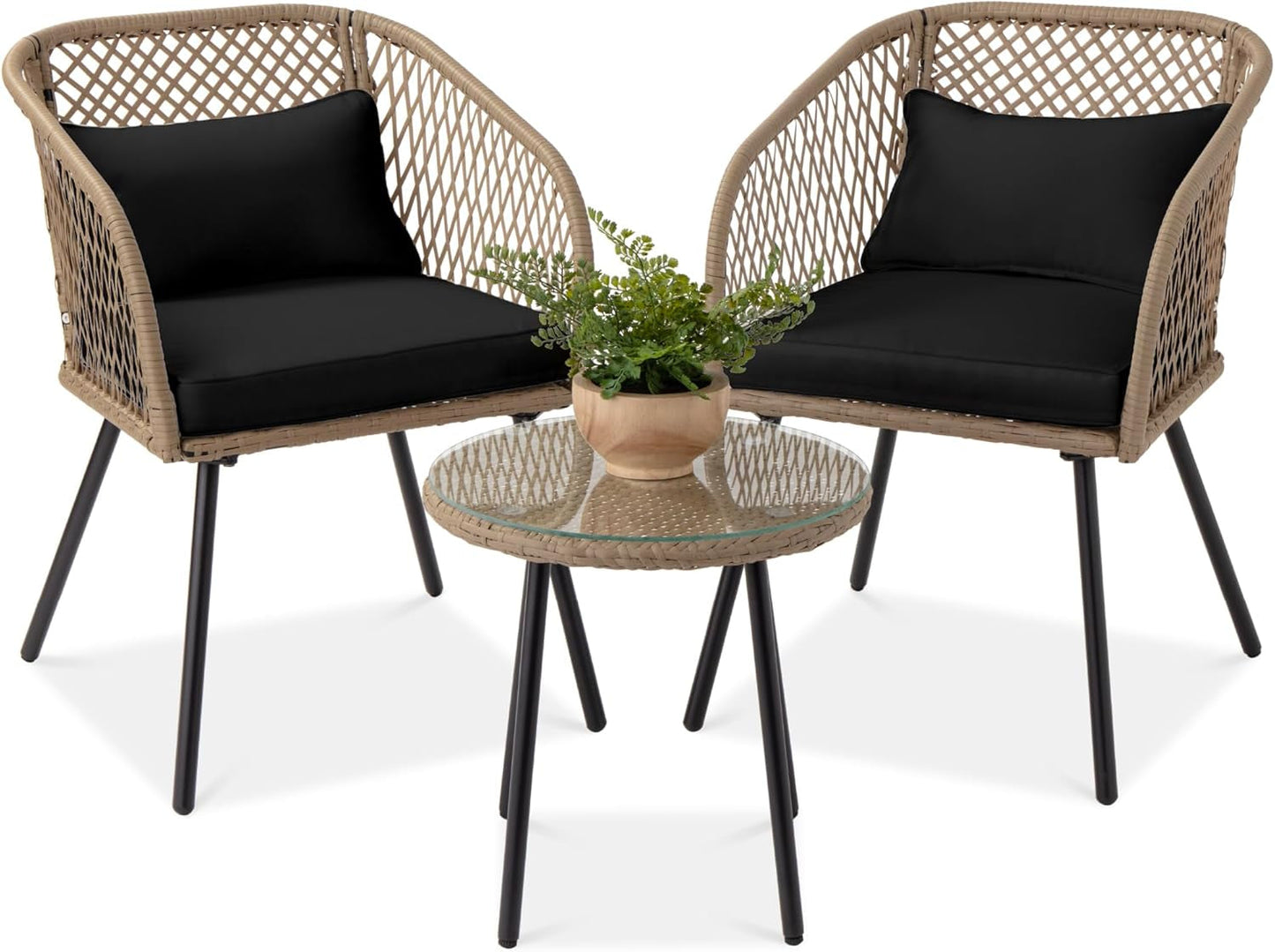3-Piece Outdoor Wicker Bistro Set, Patio Dining Conversation Furniture for Backyard, Balcony, Porch W/Diamond Weave Design, Tempered Glass Side Table, 2 Chairs - Black-0