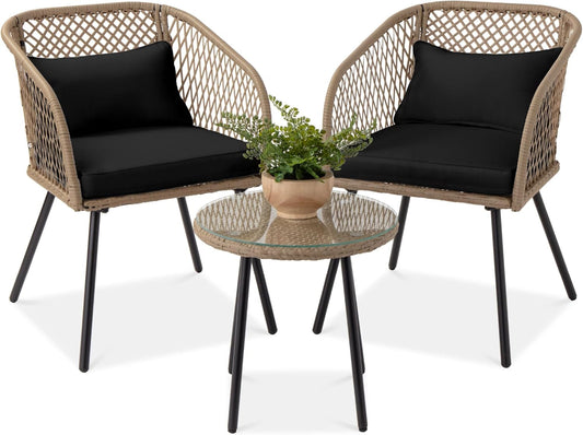 3-Piece Outdoor Wicker Bistro Set, Patio Dining Conversation Furniture for Backyard, Balcony, Porch W/Diamond Weave Design, Tempered Glass Side Table, 2 Chairs - Black-0