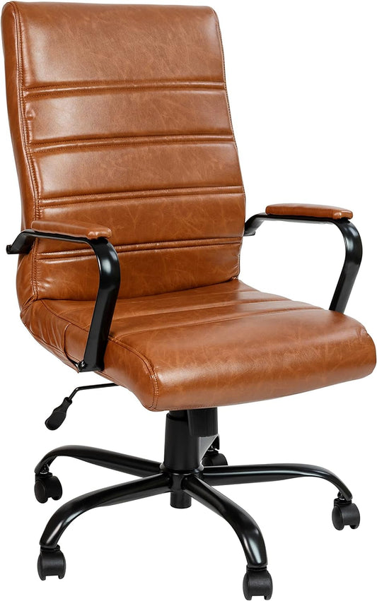 Whitney High-Back Swivel Leathersoft Desk Chair with Padded Seat and Armrests, Adjustable Height Padded Leathersoft Office Chair, Brown/Black Gold-0