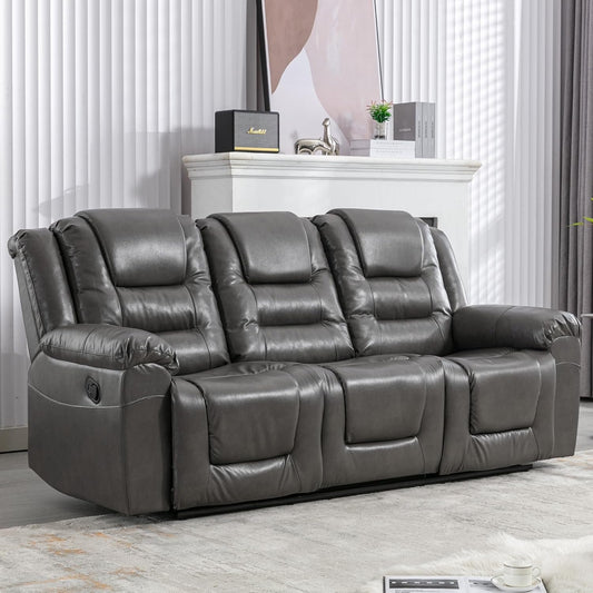 Leather Reclining Sofa Set,Home Theater Seating with Center Console,Flipped Middle Backrest,3 Seater for Living Room,Office,Home Theater,Rv (Grey)-0