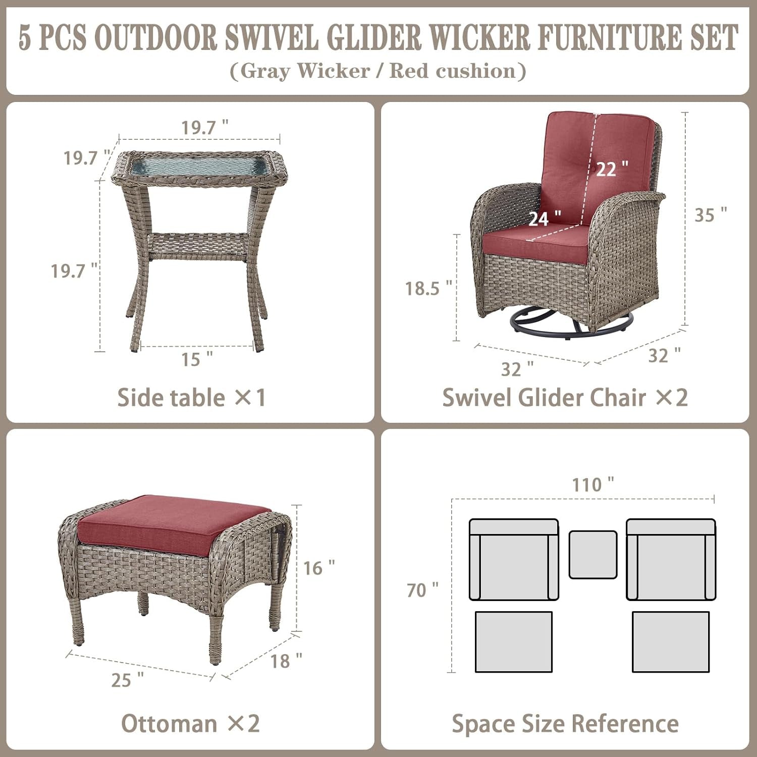 5 Pieces Wicker Patio Furniture Set - Swivel Rocker Outdoor Chairs with Ottomans and Side Table, Small Patio Conversation Set for Porch Deck Backyard Red-3