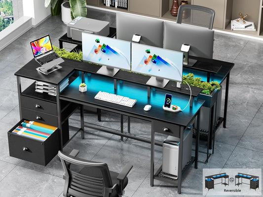 Black Computer Desk with 4 Drawers, 60" Long Office Desk with Fabric File Cabinet and Power Outlets, Gaming Desk with LED Lights, Study Writing Work Desk for Home Office-1