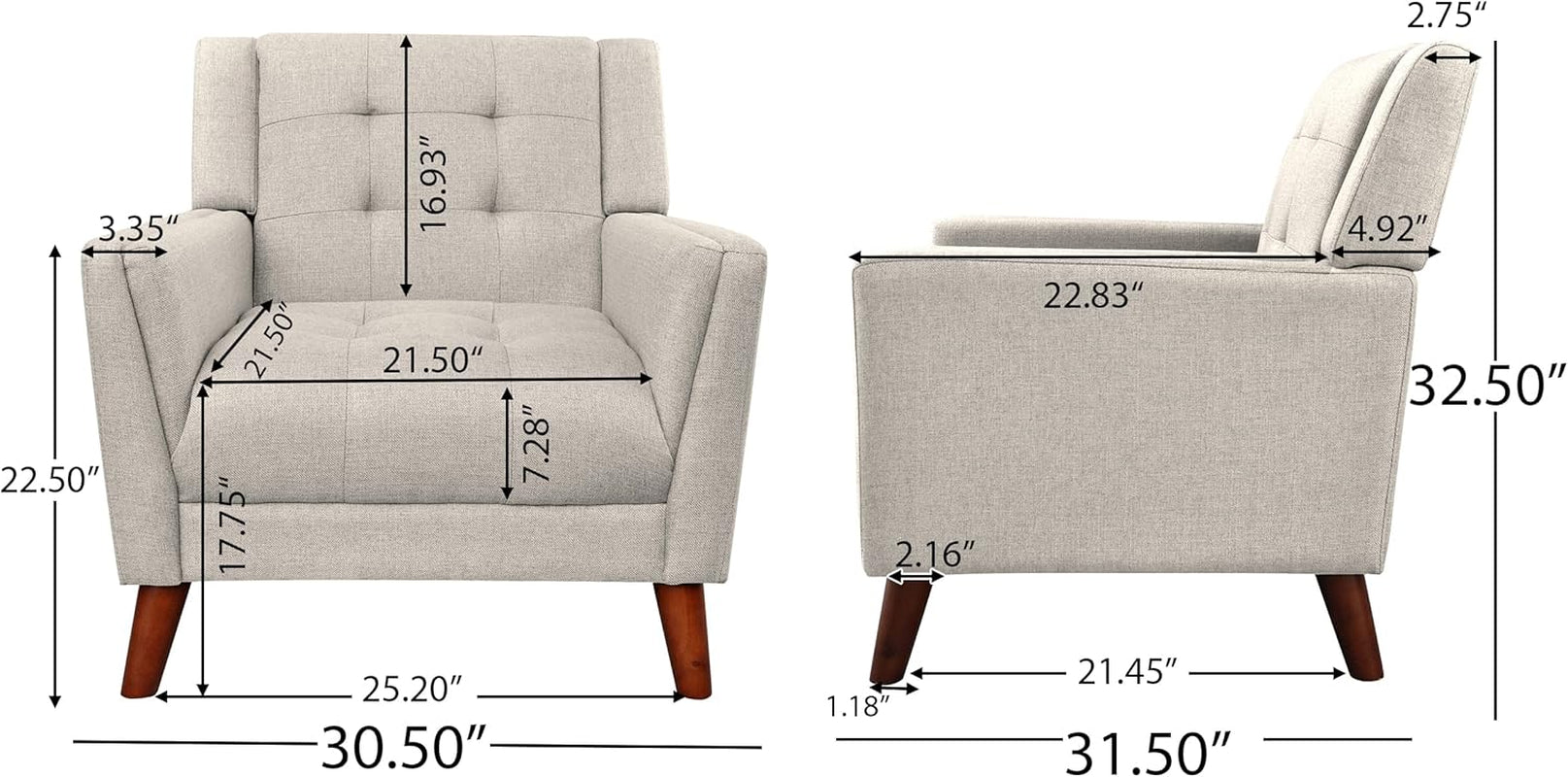 Evelyn Mid Century Modern Fabric Arm Chair and Loveseat Set, Beige, Walnut-3