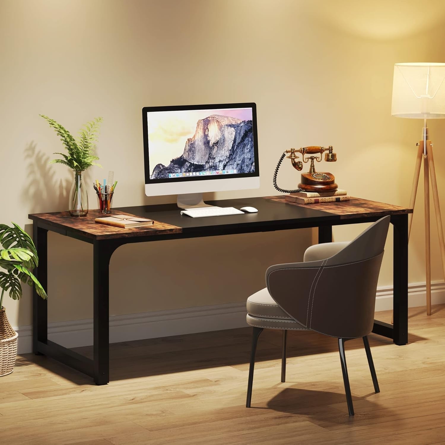 63 Inch Large Executive Computer Office Desk, Brown+Black-1