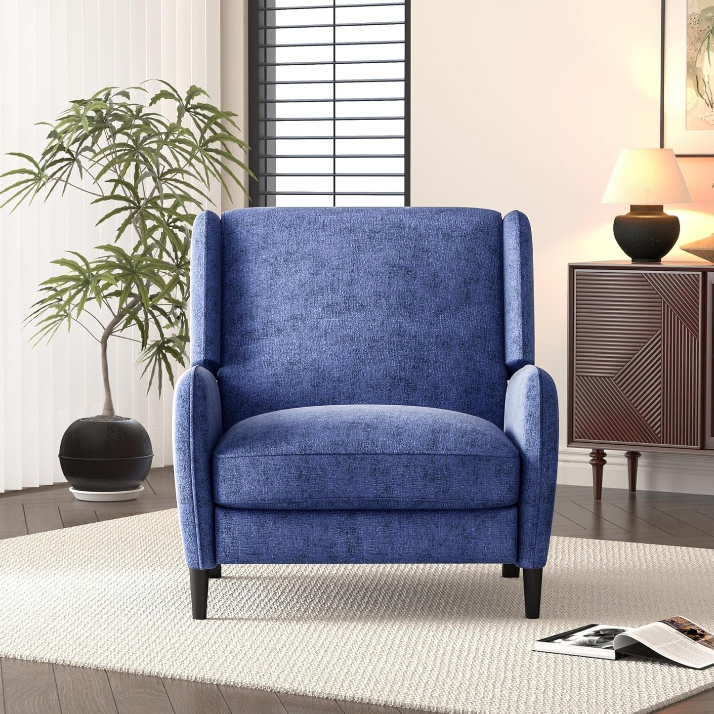 Oversized Pushback Recliner, Textured Fabric Push Back Chair with Padded Seat for Living Room Bedroom, Navy Blue-2
