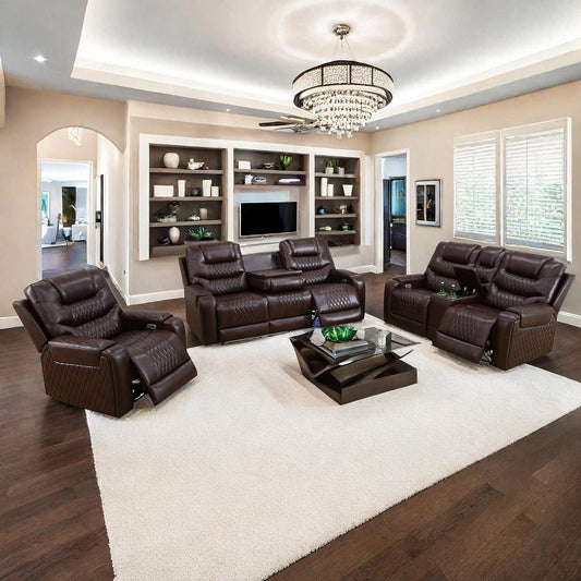 Living Room Furniture Set, Power Reclining Sofa Set, Air Leather Recliners with Built-In USB Ports and Storage Console, LED Reclining Couch Set for Living Room (Wine, Sofa Loveseat Chair)-0