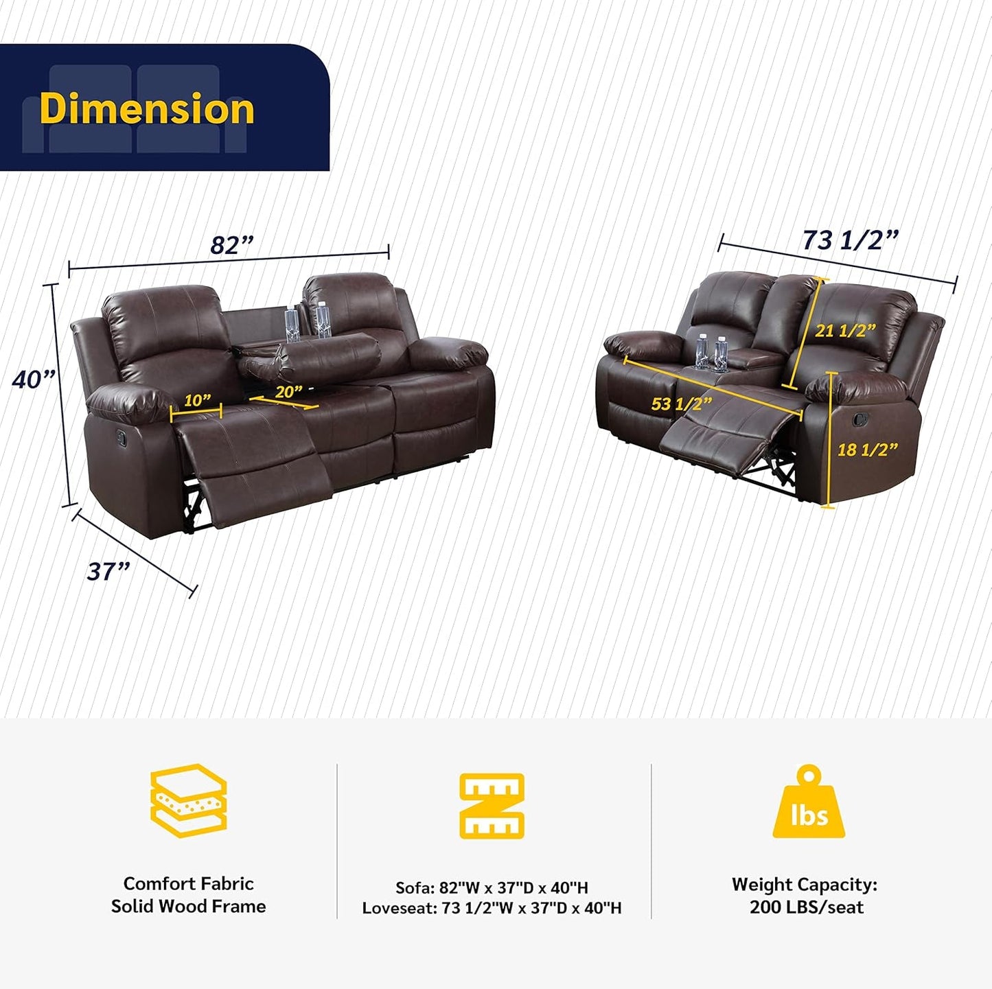 Alpine Living Room Recliner Set Include Love Seat, Sofa, 2-Piece-1
