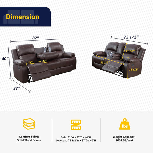 Alpine Living Room Recliner Set Include Love Seat, Sofa, 2-Piece-1