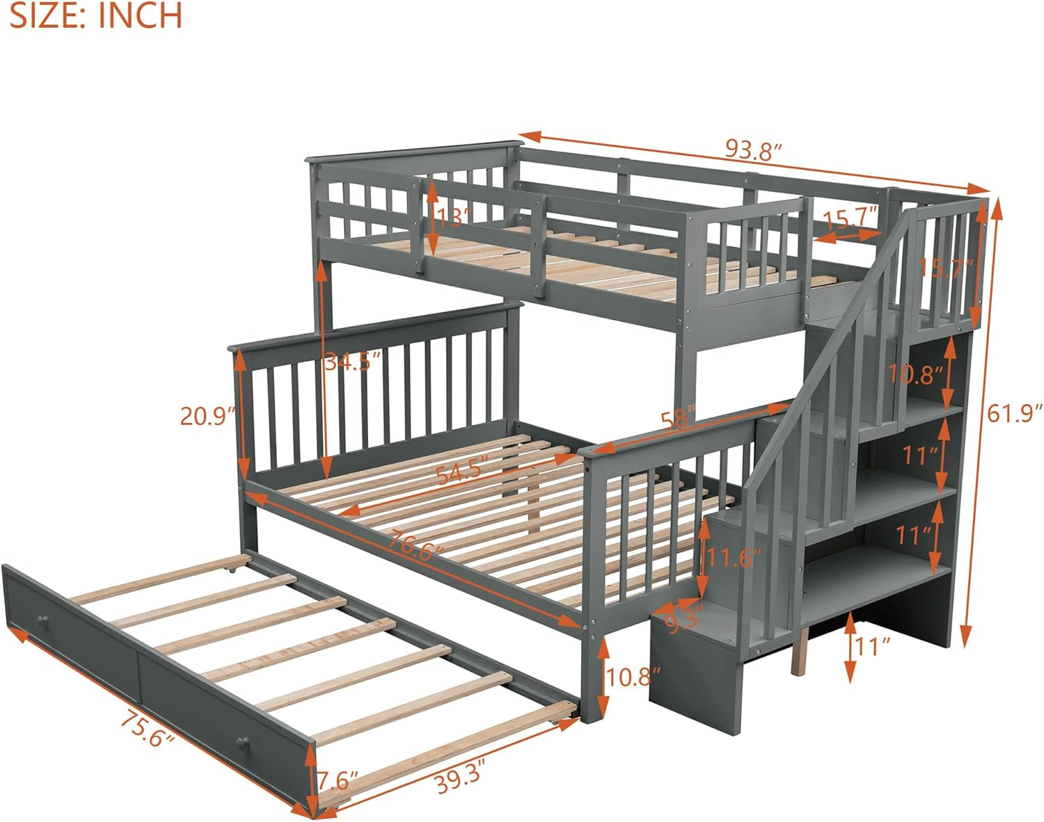 Twin over Full Bunk Bed, Wooden Bunk Bed Frame Twin over Full with Trundle and Storage Shelves, Twin over Full Size Bunk Beds with Staircases for Kids Teens Adults, Grey-1