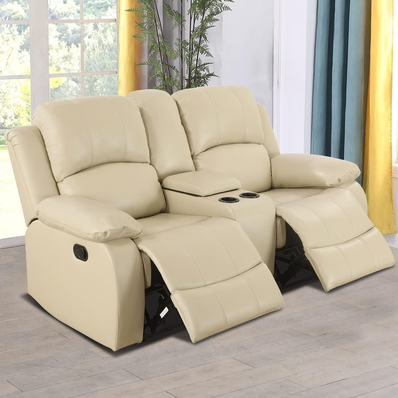 Faux Leather Recliner Sofa Set, Reclining Living Room Set, Manual Reclining Sofa and Loveseat with Recliner Chair (Beige, SOFA+LOVESEAT)-2