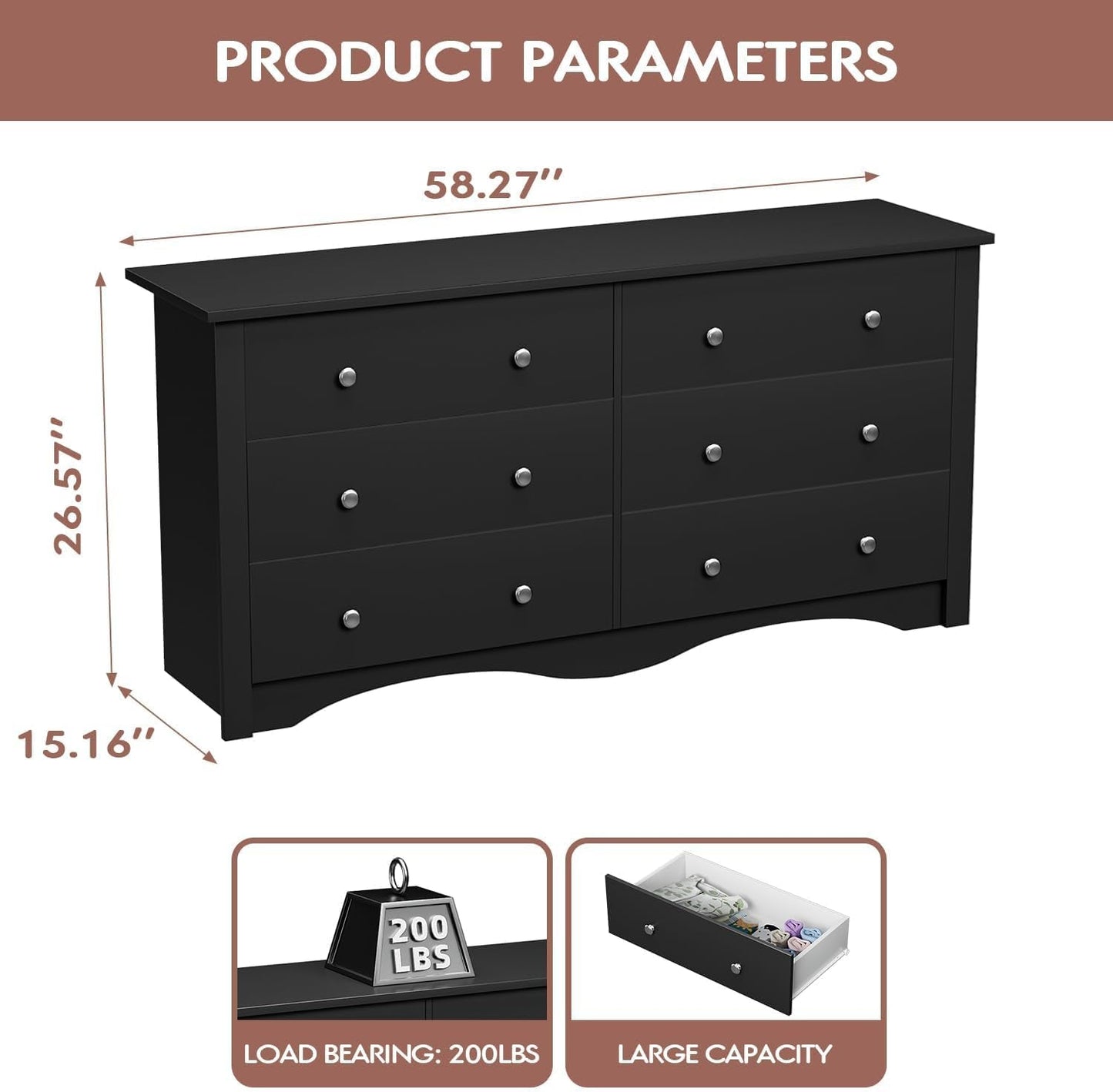 Dresser with 6 Drawer, Wood Wide Chest Storage Organizer and TV Stand for Living Room, Hallway, Dormitory, Black-1