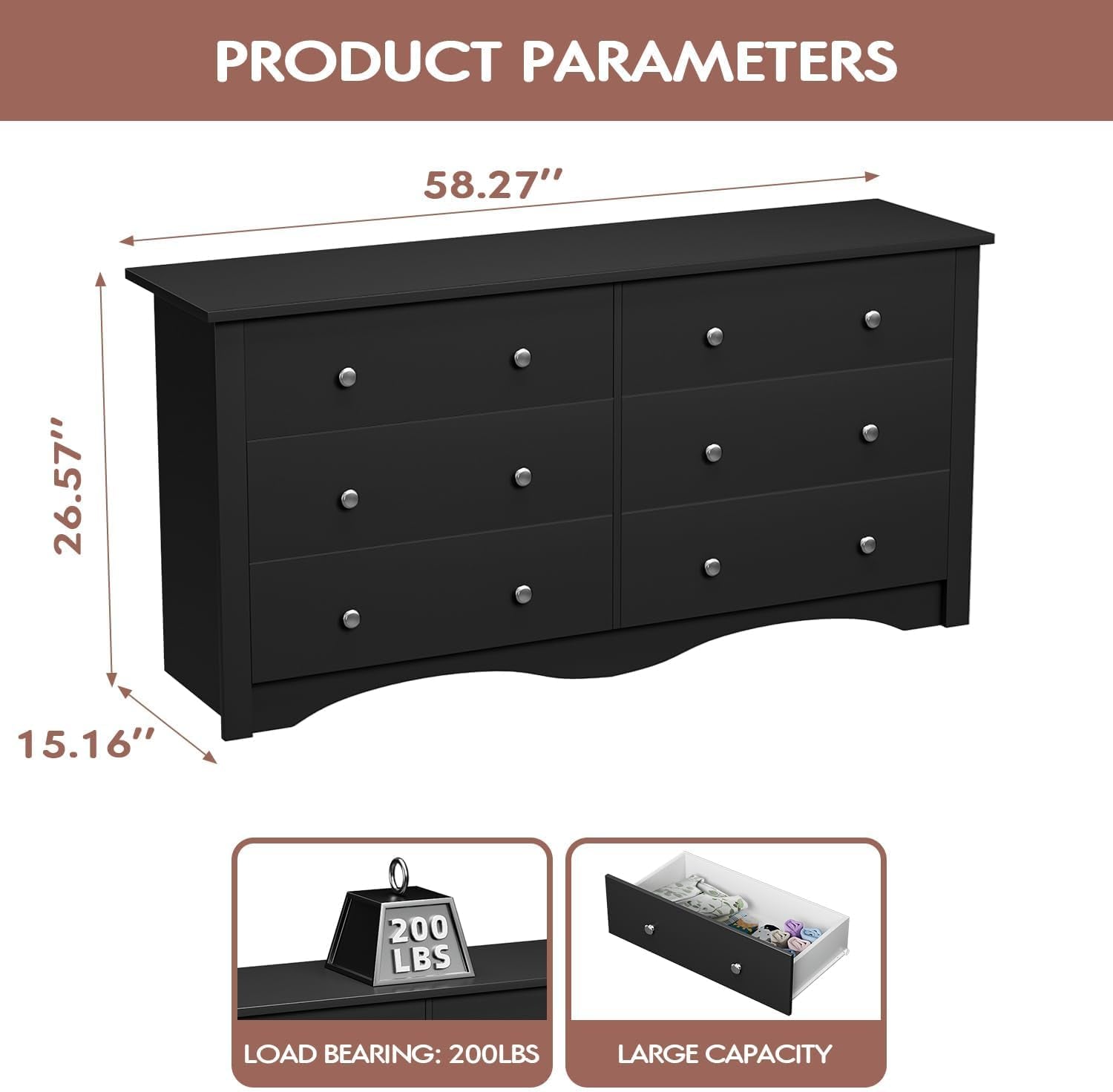 Dresser with 6 Drawer, Wood Wide Chest Storage Organizer and TV Stand for Living Room, Hallway, Dormitory, Black-1