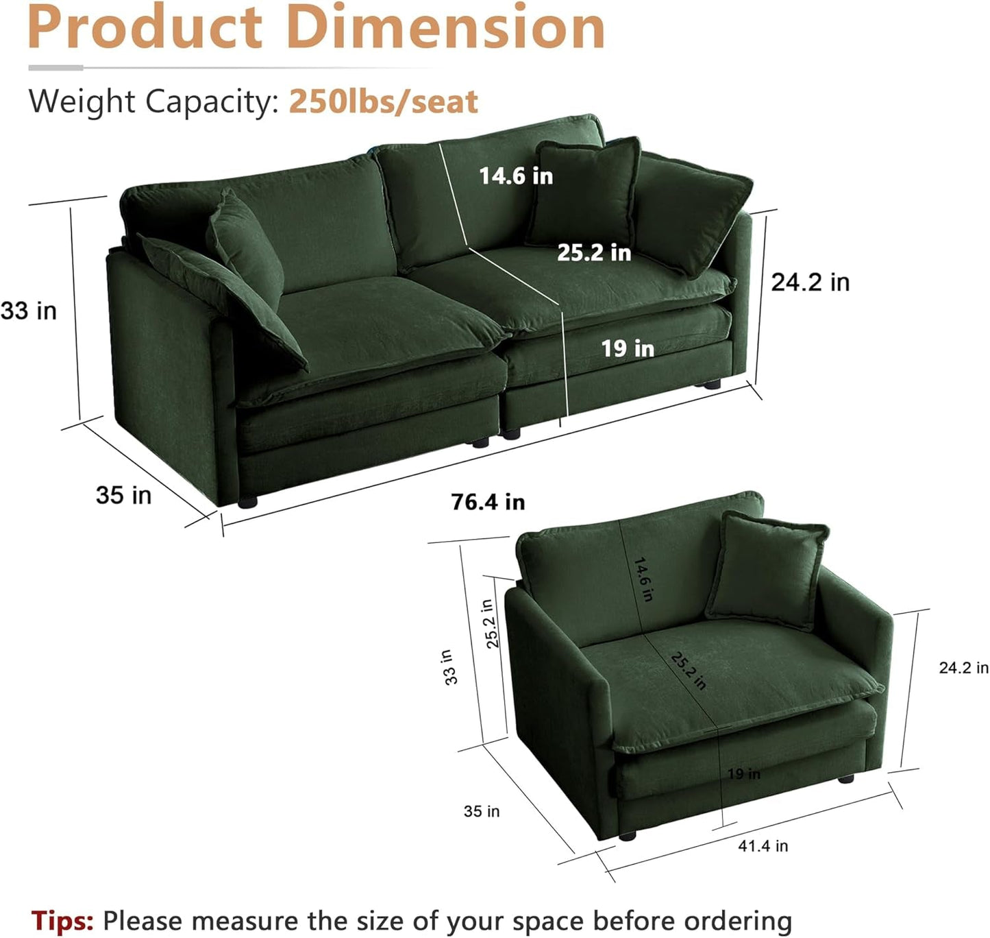 Luxury 2 Piece Loveseat Couch & Sofa Armchair Set, Modern Upholstered Chenille Cloud Couches Set Furniture with 5 Pillow for Living Room Bedroom Office Apartment, Evergreen-1