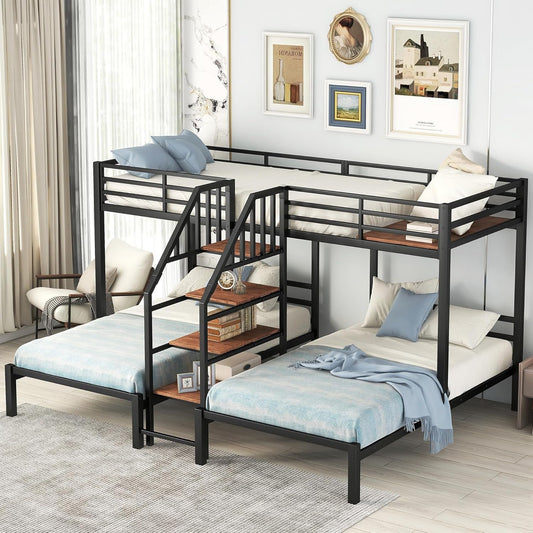 Metal Triple Bunk Bed with Stairs, 3 Beds Bunk Bed, Twin over Twin & Twin Bunk Bed with Storage Shelves Staircase, for Kids Teens Adults, Black-0