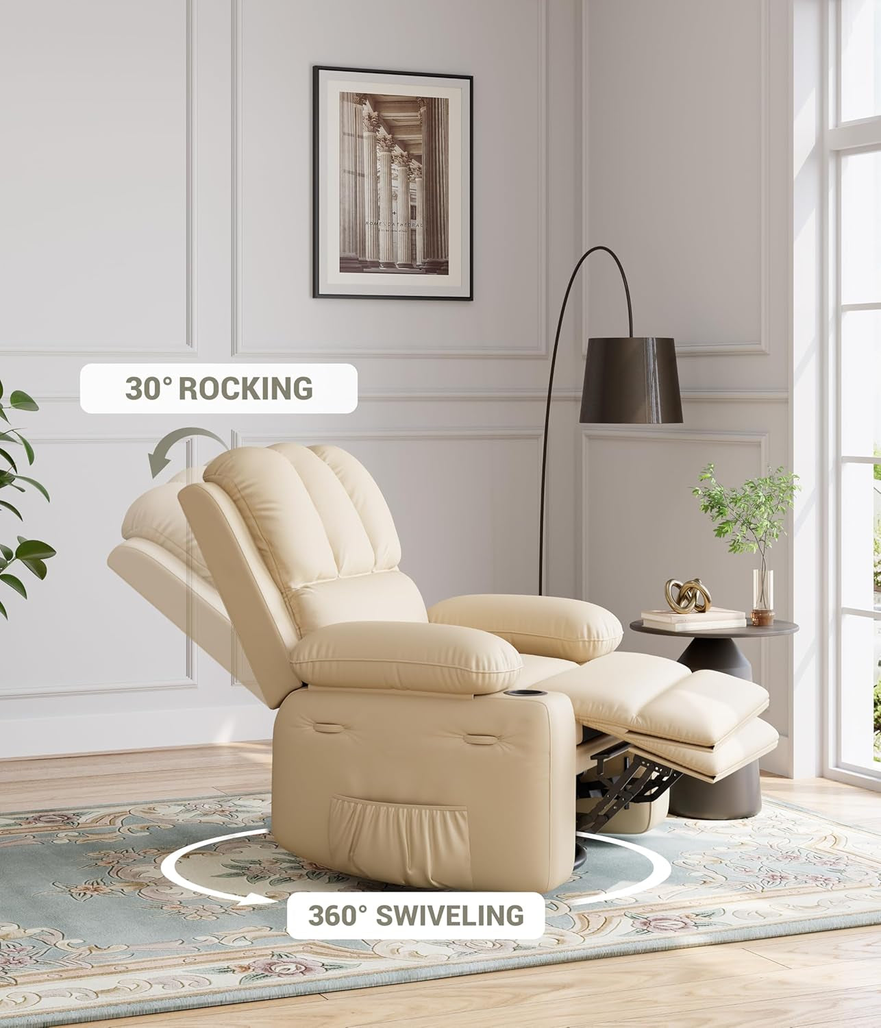 22'' Rocker Swivel Recliner Chair, Lazy Recliner for Adults, with 1.5X Sponge Filling, Side Pocket, and Cup Holder, for Living Room, Bedroom, and Nursery, Creamy-3