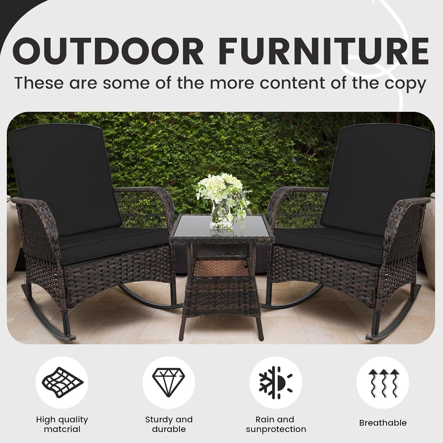 3 Pcs Rocking Bistro Set Conversation Chairs PE Wicker Outdoor Rocking Chairs(Rocking Set,Black)-4