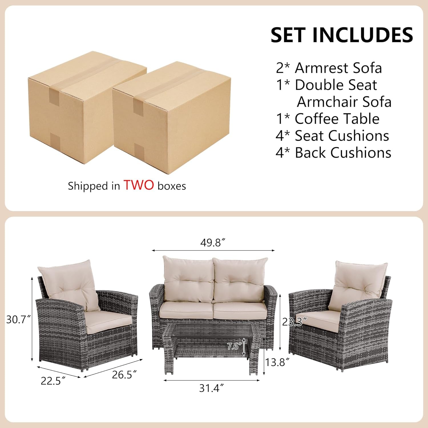 Patio Furniture Set,Outdoor Seating Patio Loveseat, 4 PCS Rattan Wicker Conversation Set with Glass Top Table and Chairs for Garden, Porch, Deck (Beige, 4Pcs)-1